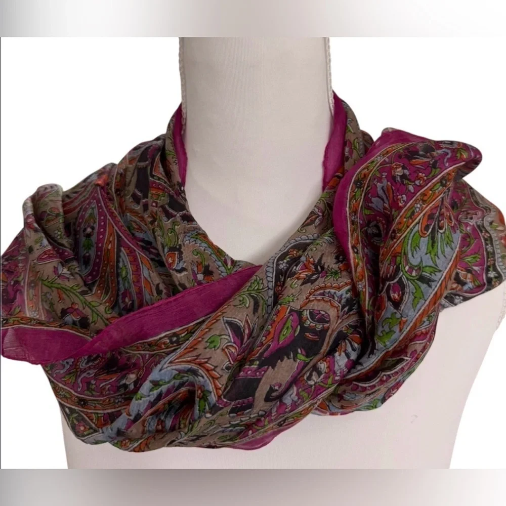 PASHTUSH 100% PURE SILK SCARF PAISLEY & ELEPHANT PRINT MULTICOLOR FUCCIA